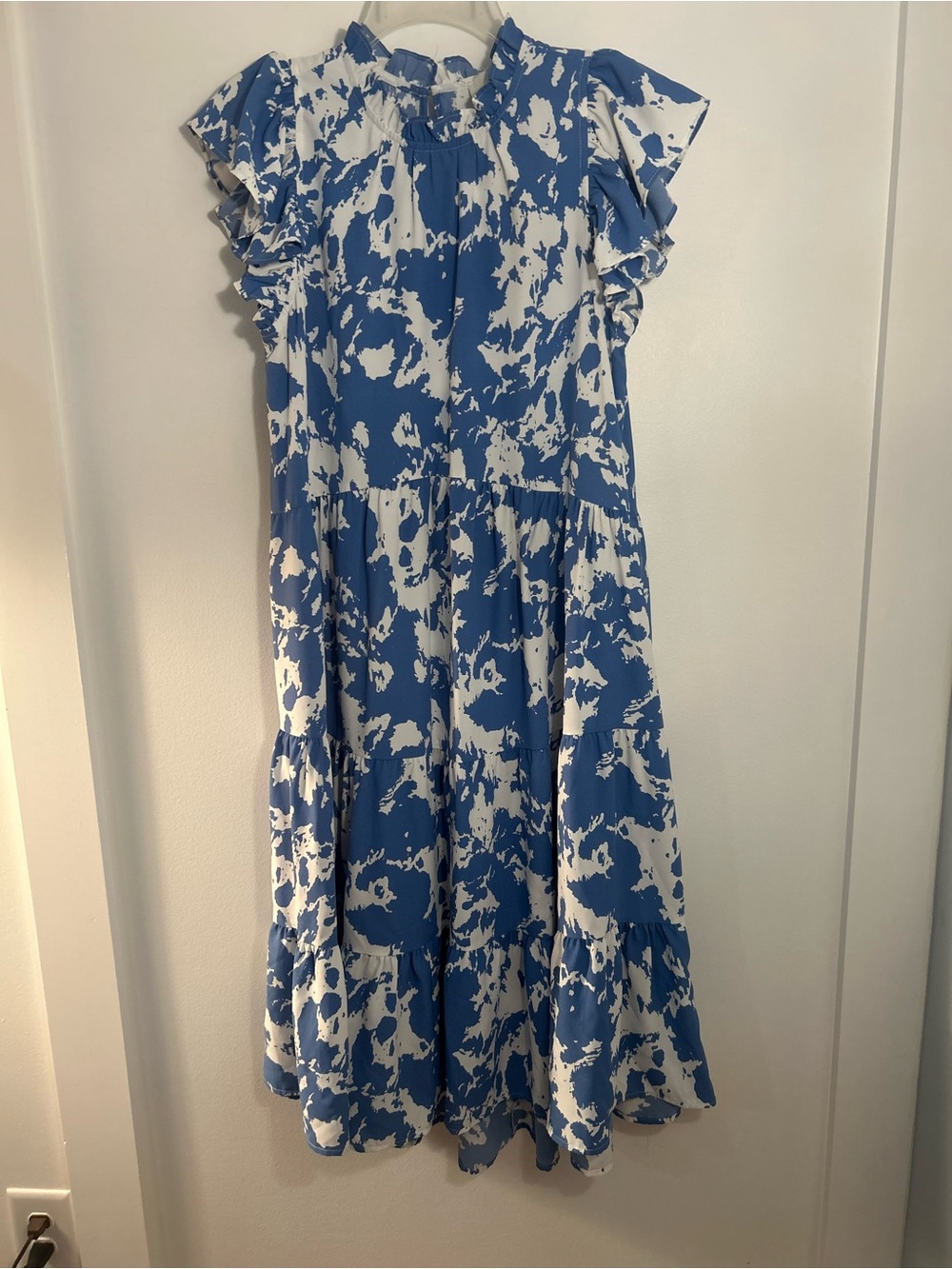 Pinch Blue and White Splash Midi Dress with Ruffle neck and sleeves Large